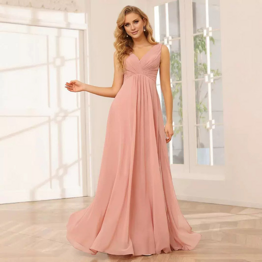 V Neck Long Slit Bridesmaid Dress