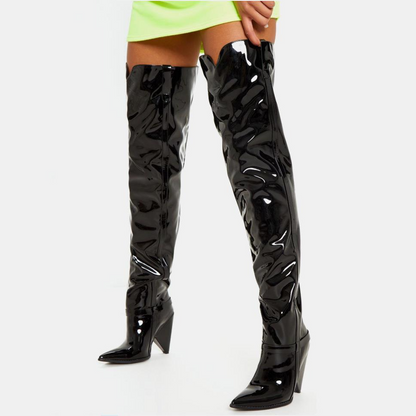 Black Bright Patent Leather Cone Heel Thigh High Boots