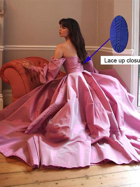 Satin A-Line Long Sleeves Square Ruffles Floor-Length Prom Dress