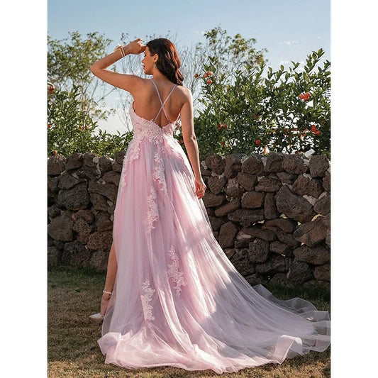 Princess Tulle Applique V-neck Sleeveless Court Train Prom Dress
