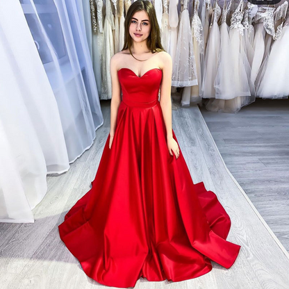 Red Sleeveless Chapel Train Evening Dress