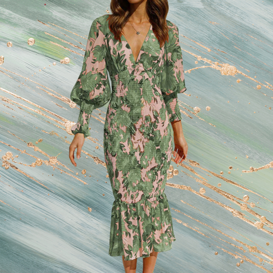 Rowena Floral Bishop Sleeve Smocked Midi Dress