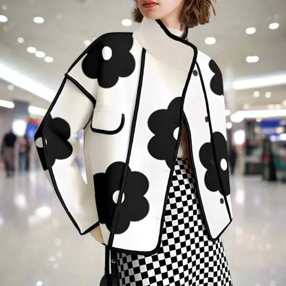 Black Flower Print Long Sleeves Short Coat