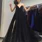 Black Spaghetti Strap Deep V Neck Ball Gown Evening Dress