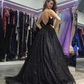 Black Spaghetti Strap Deep V Neck Ball Gown Evening Dress