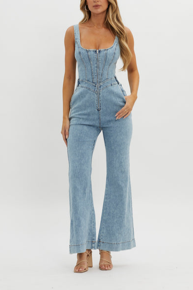 Flared Leg Denim Jumpsuit