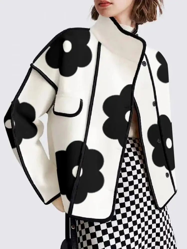 Black Flower Print Long Sleeves Short Coat