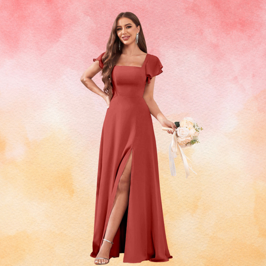Square Neck Short Sleeves Chiffon Bridesmaid Dress