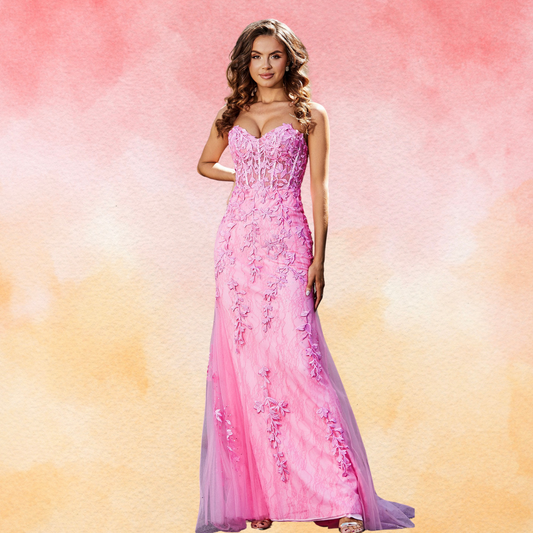 Pink Strapless Lace Up Back Prom Dress