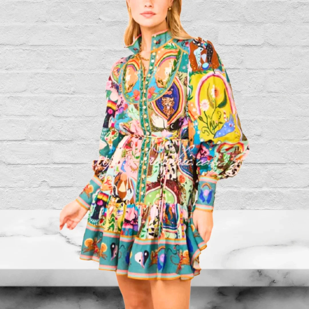Unique Print Balloon Sleeve Button Shirt Mini Dress