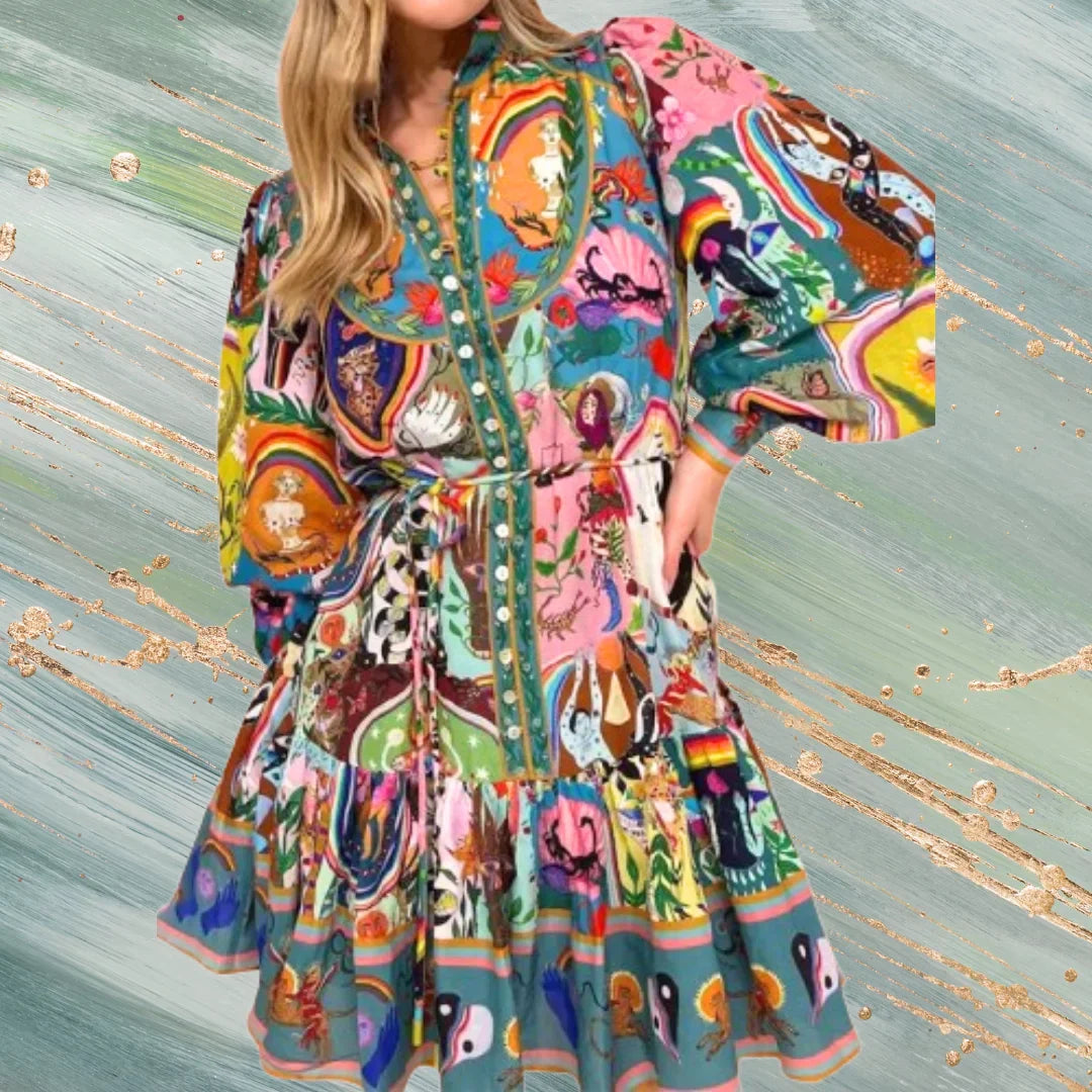 Unique Print Balloon Sleeve Button Shirt Mini Dress