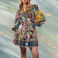 Unique Print Balloon Sleeve Button Shirt Mini Dress