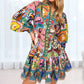 Unique Print Balloon Sleeve Button Shirt Mini Dress