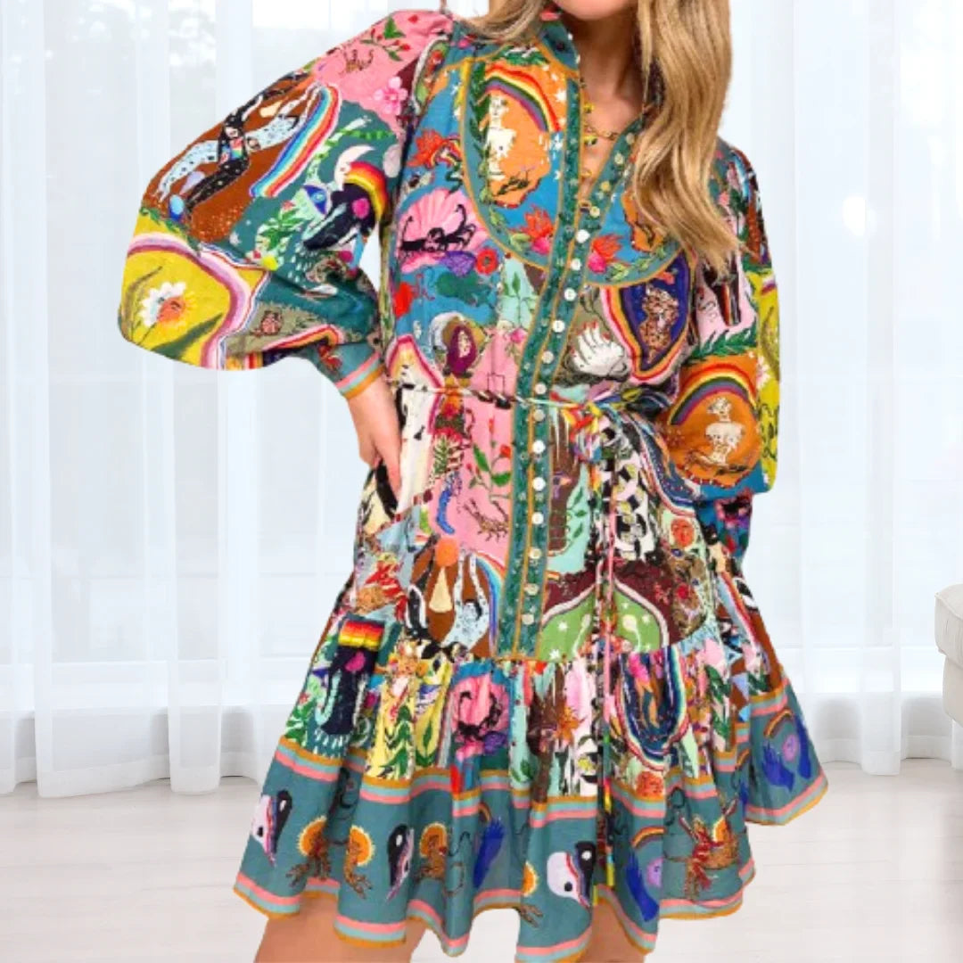 Unique Print Balloon Sleeve Button Shirt Mini Dress