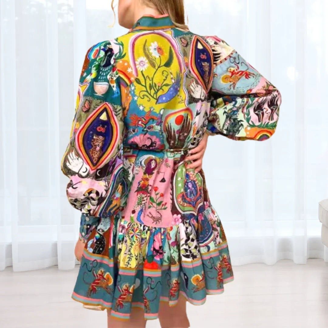 Unique Print Balloon Sleeve Button Shirt Mini Dress