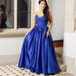 Blue Satin Lace Embroidered Suspender Evening Dress