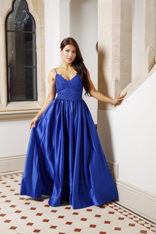 Blue Satin Lace Embroidered Suspender Evening Dress - Test