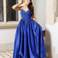 Blue Satin Lace Embroidered Suspender Evening Dress