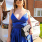 Blue Satin Deep V Neck Sleeveless Evening Dress