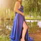 Blue Satin Deep V Neck Sleeveless Evening Dress