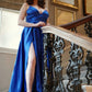 Blue Satin Deep V Neck Sleeveless Evening Dress