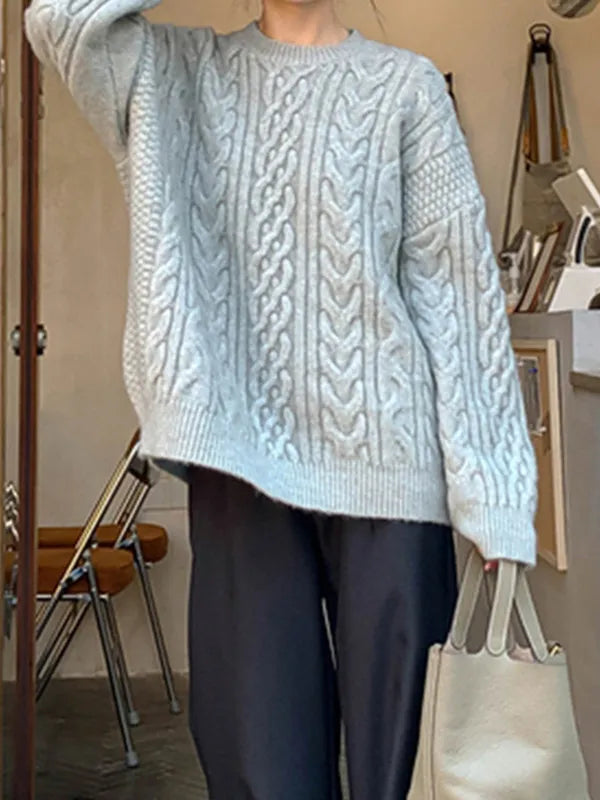 Solid Cable Knit Pullover Sweater