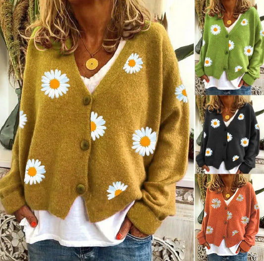 Women's Floral Print  Button Down Ribbed Sweater