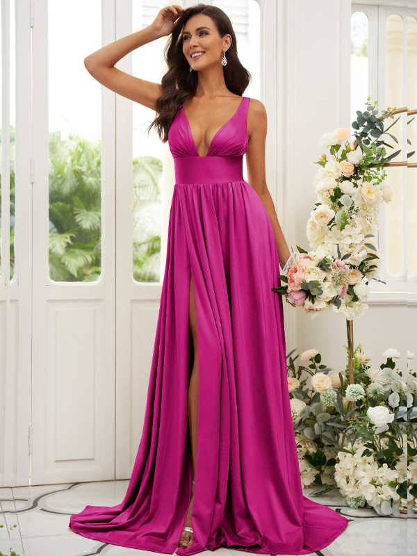 Princess Jersey Ruffles V-neck Sleeveless Sweep/Brush Train Bridesmaid Dress