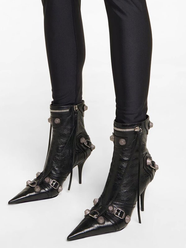 PU Bright Leather Pointed Toe Stiletto Metal Buckle Ankle Boots