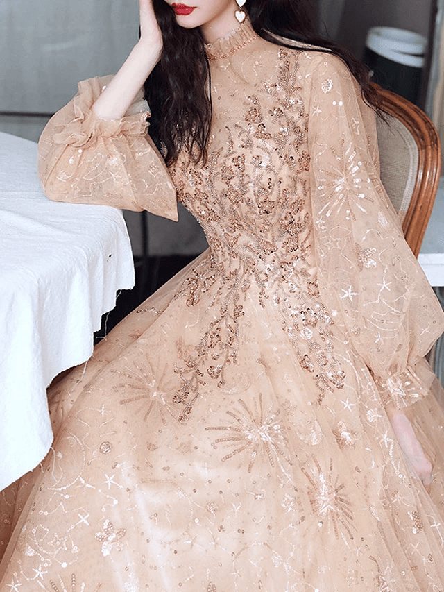 A-Line High Neck Sequin Full Sleeves Evening Dress