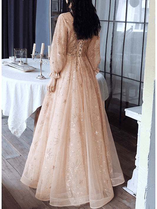 A-Line High Neck Sequin Full Sleeves Evening Dress