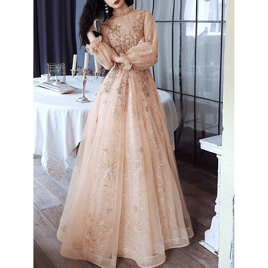 A-Line High Neck Sequin Full Sleeves Evening Dress