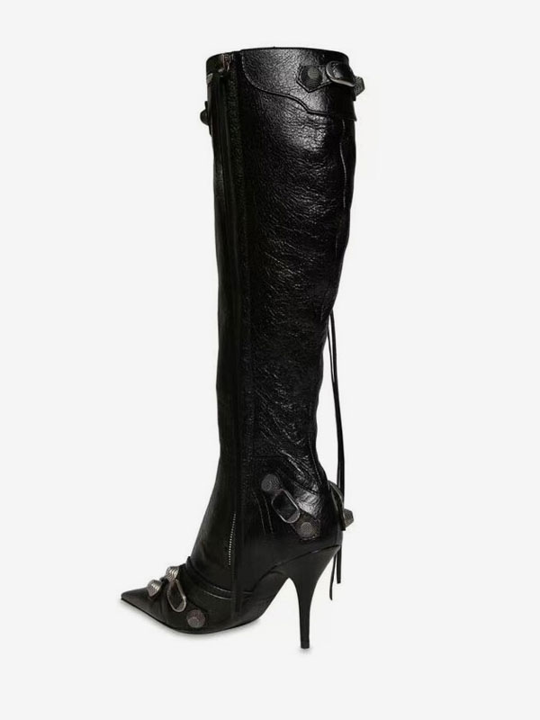 Bright Leather Pointed Toe Stiletto Knee High Boots