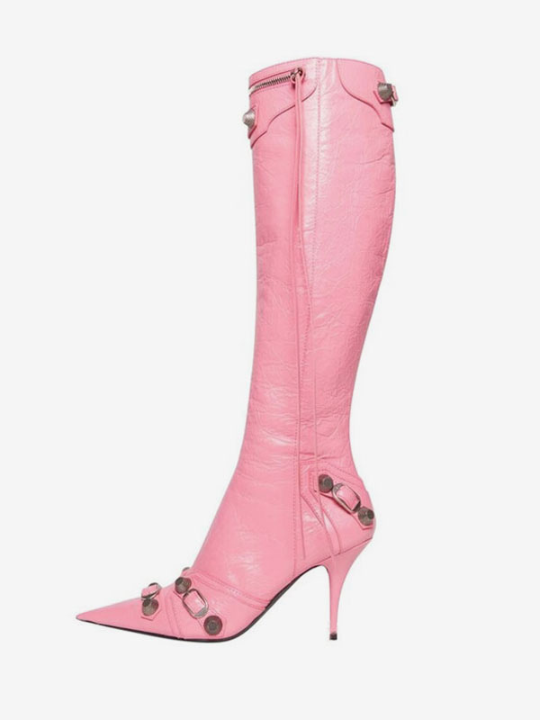 Bright Leather Pointed Toe Stiletto Knee High Boots