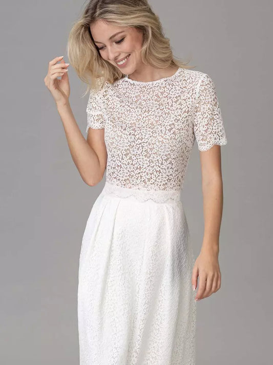 Jewel Neck Lace Cut Out Tea-Length Mini Wedding Dress