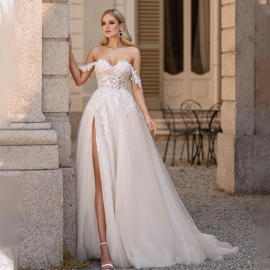 A Line Off the Shoulder Champagne Tulle Detachable Wedding Dress