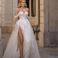 A Line Off the Shoulder Champagne Tulle Detachable Wedding Dress