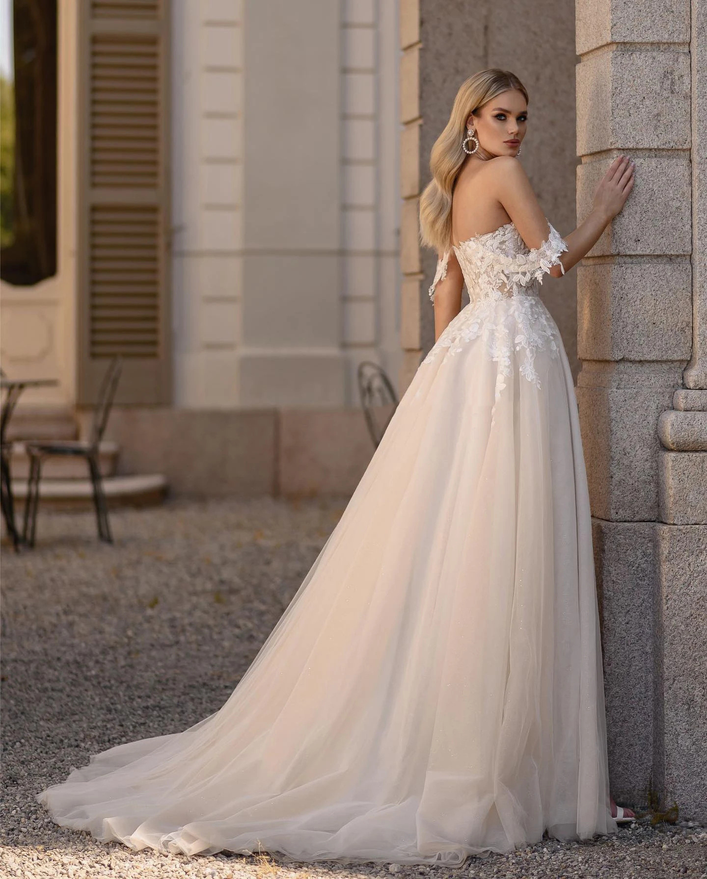 A Line Off the Shoulder Champagne Tulle Detachable Wedding Dress