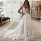 A Line Deep V Neck Champagne Tulle Wedding Dress