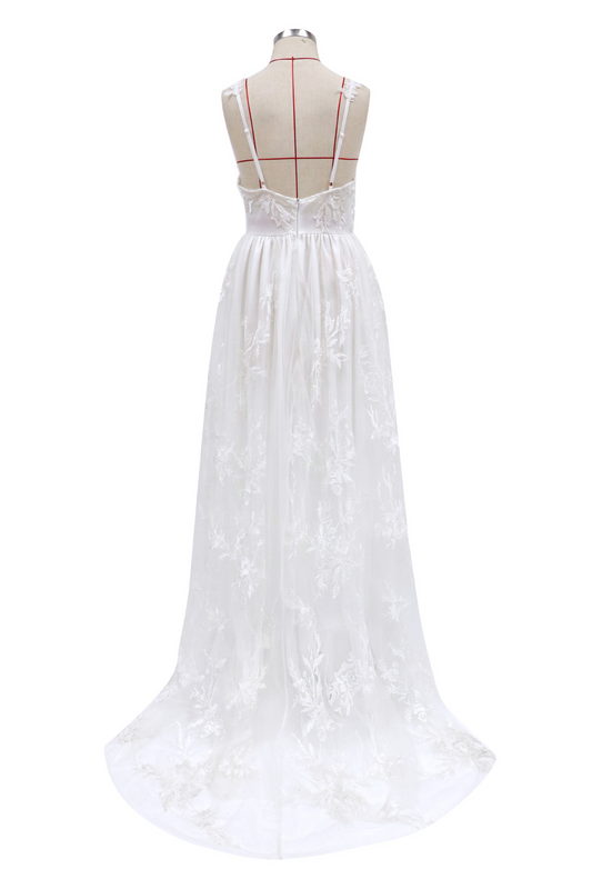 White V-Neck A-Line Tulle Wedding Dress