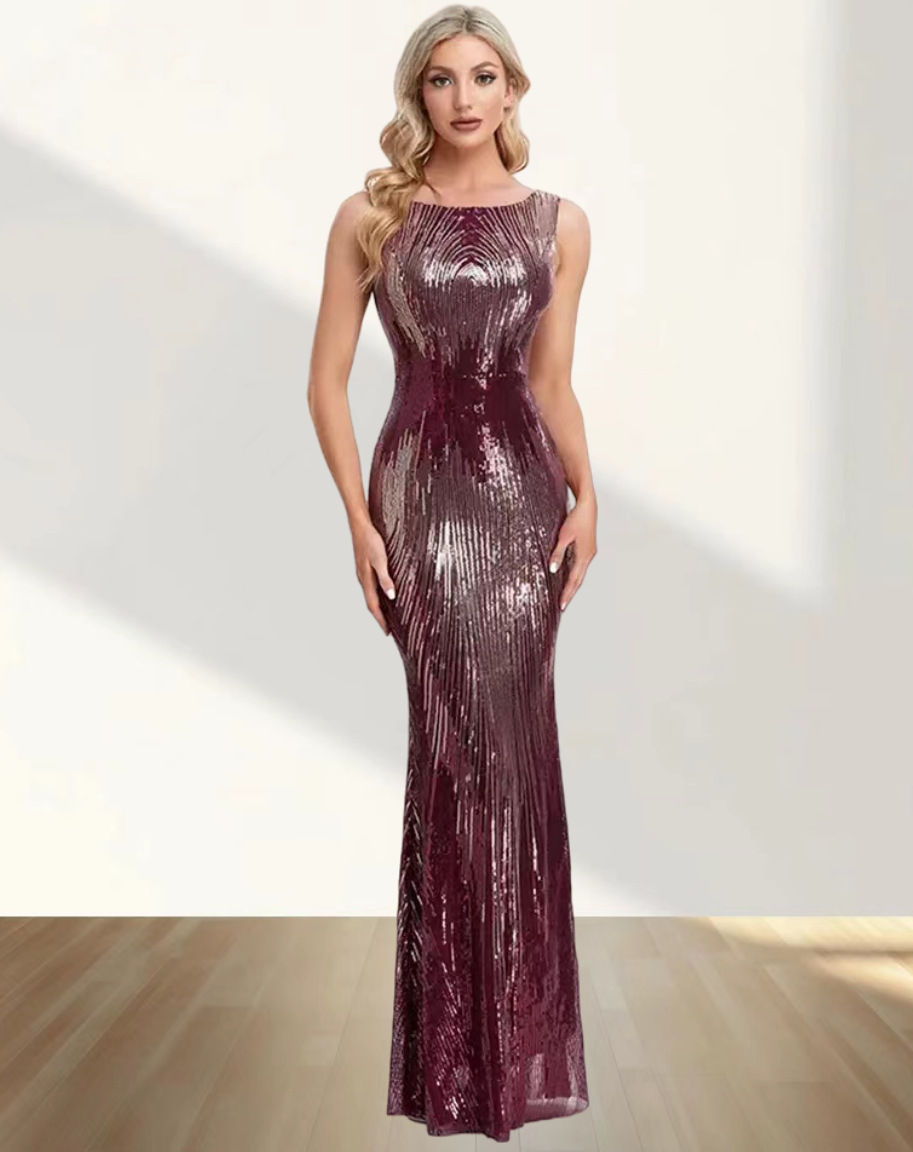 Sequin Round Neck Sleeveless Evening Dress