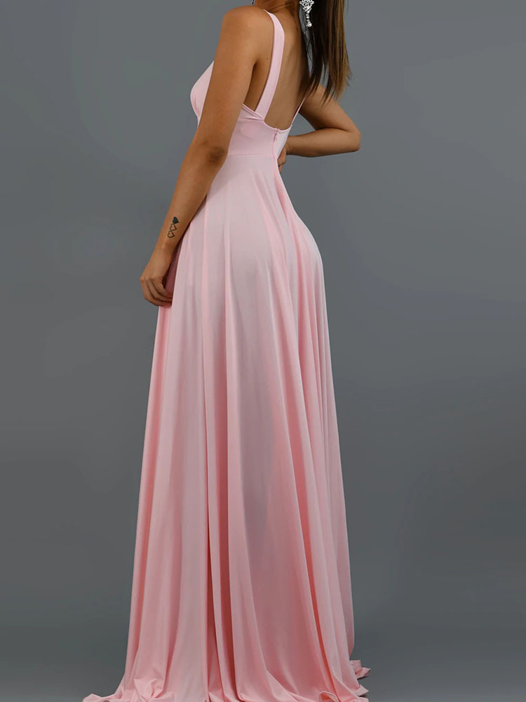 Pink Simple V Neck Long Slit Prom Dress