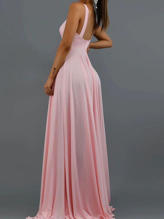 Pink Simple V Neck Long Slit Prom Dress