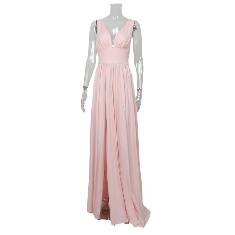 Pink Simple V Neck Long Slit Prom Dress