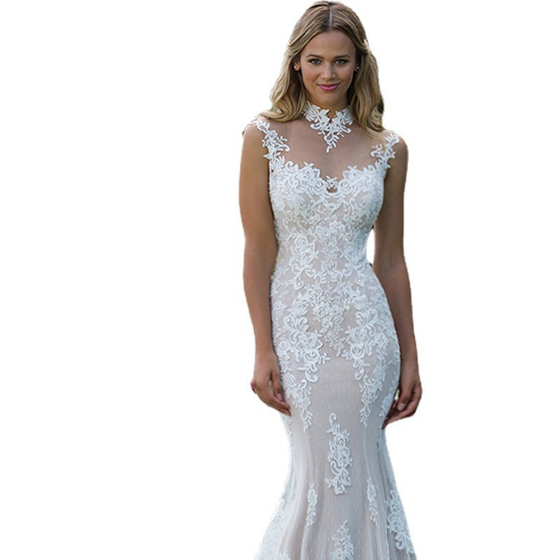 White Halter Neck Backless Wedding Dress