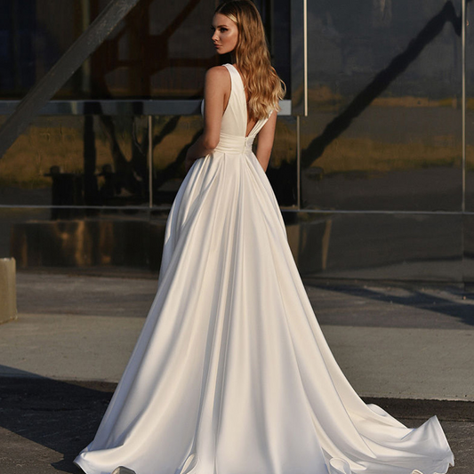 A Line Deep V Neck Open Back Wedding Dress