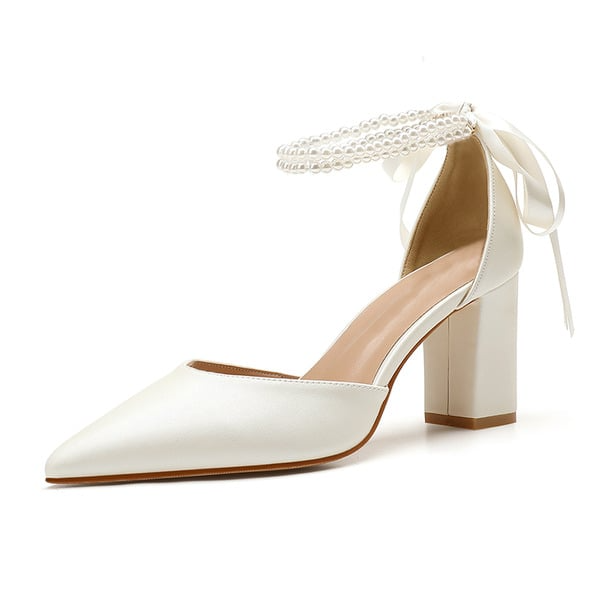 Pearl Ribbon Tie Block Heel Point Toe Wedding Heels