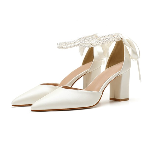 Pearl Ribbon Tie Block Heel Point Toe Wedding Heels