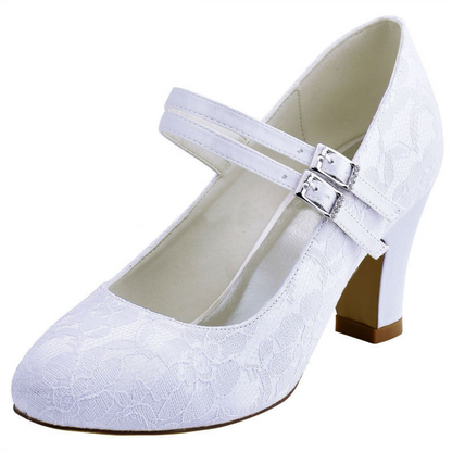 Lace Satin High Heel Closed Toe Wedding Heels