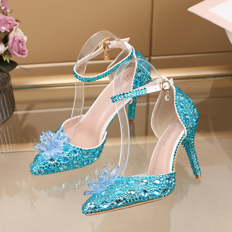 Crystal Rhinestone Pointed Toe Ankle Strap Wedding Heels